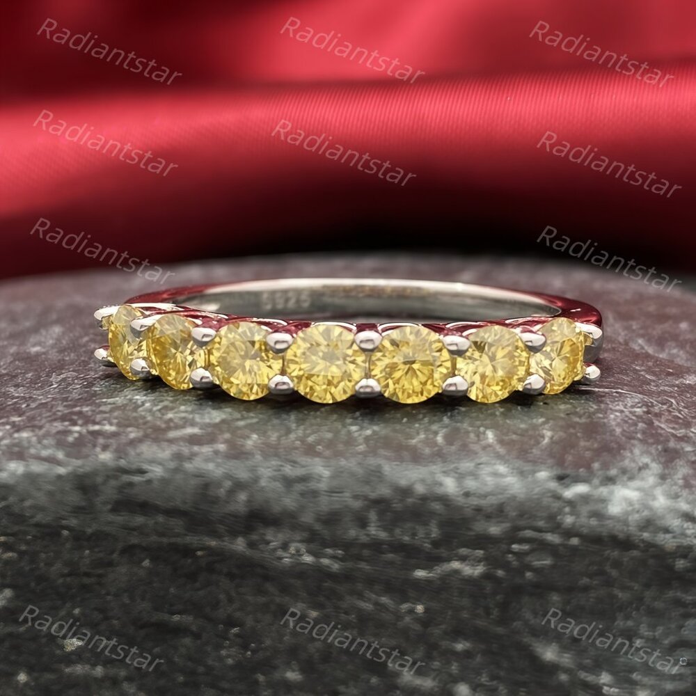 NEW Certified 3mm Lemon Yellow Moissanite 7 Stone Half Eternity Band Ring